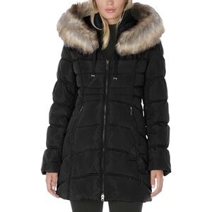 Laundry By Shelli Segal Black Puffer Coat with Faux Fur Hood
